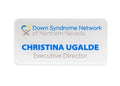 A rectangular white nameplate with rounded corners, featuring the Down Syndrome Network of Northern Nevada logo in blue and gray lettering.