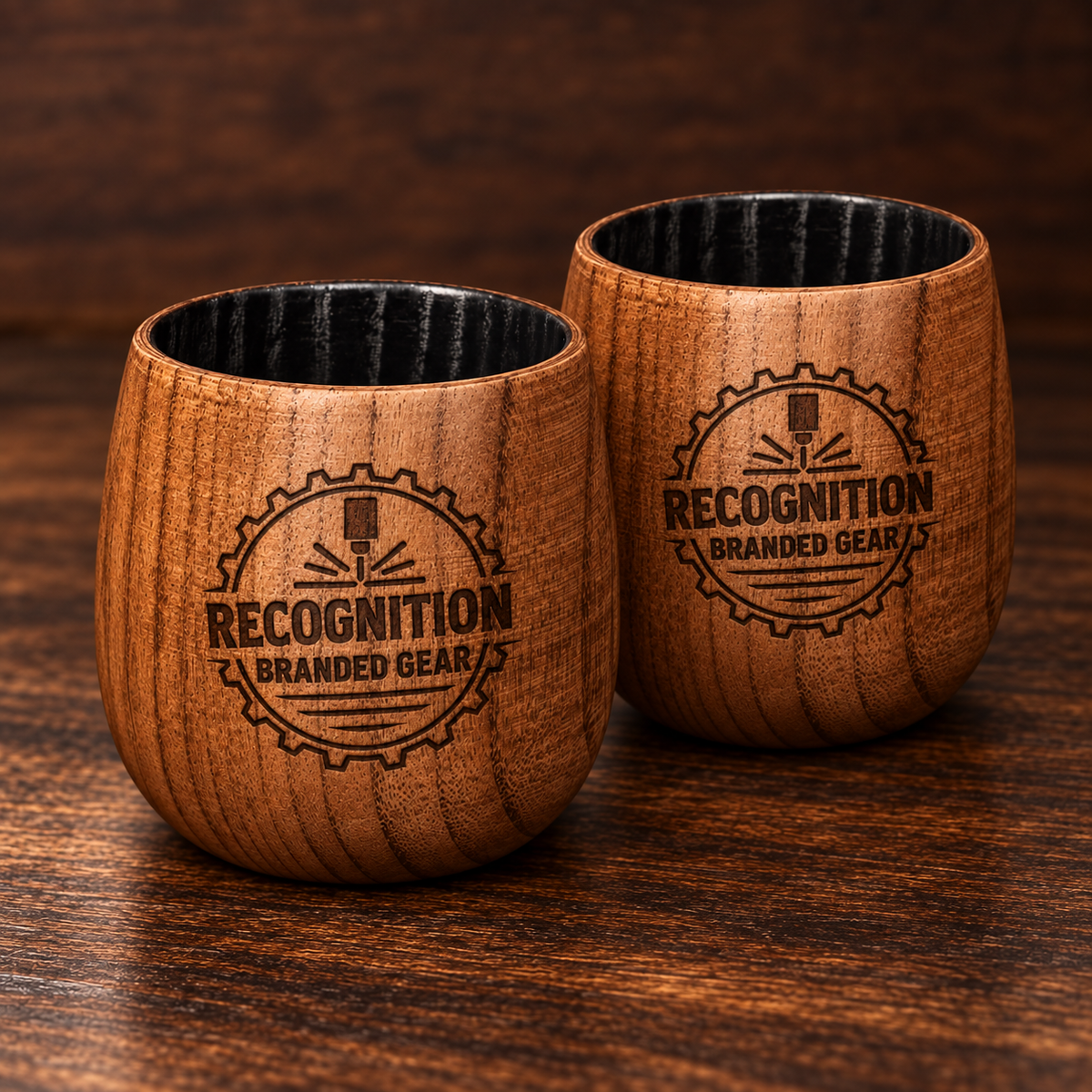 Two small wooden whiskey cups with a black interior, engraved with a circular logo reading 'Recognition Branded Gear,' shown on a dark wood surface.
