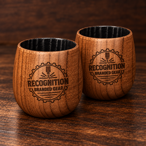 Two small wooden whiskey cups with a black interior, engraved with a circular logo reading 'Recognition Branded Gear,' shown on a dark wood surface.