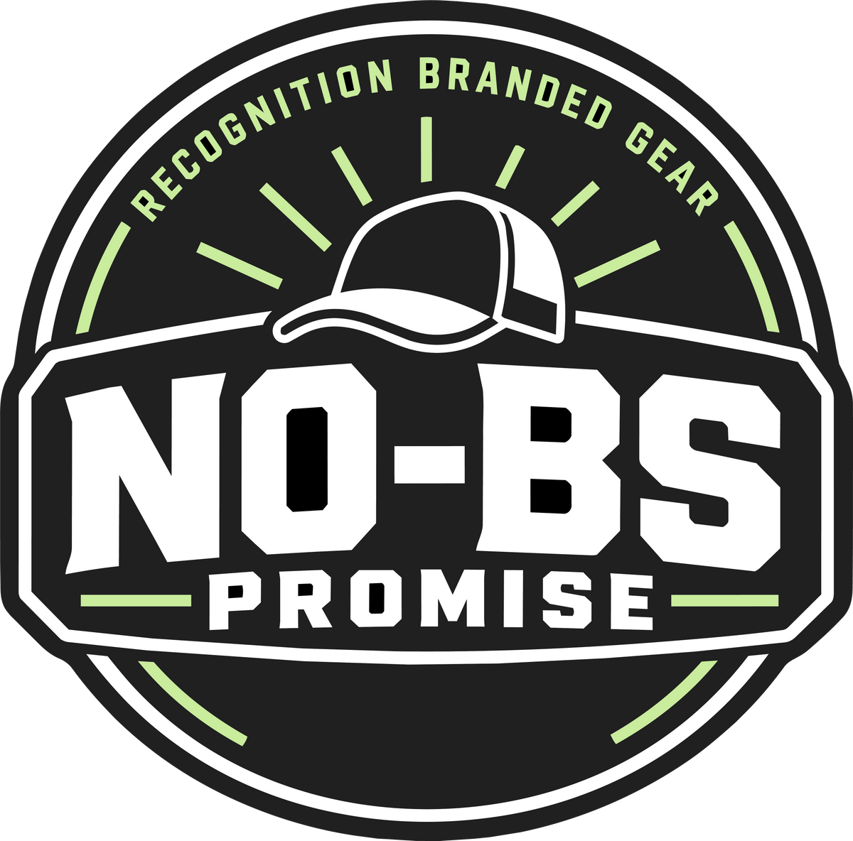 A circular black, white, and light green logo reading 'NO-BS PROMISE' with 'RECOGNITION BRANDED GEAR' around the top arc and a white cap graphic above the text.
