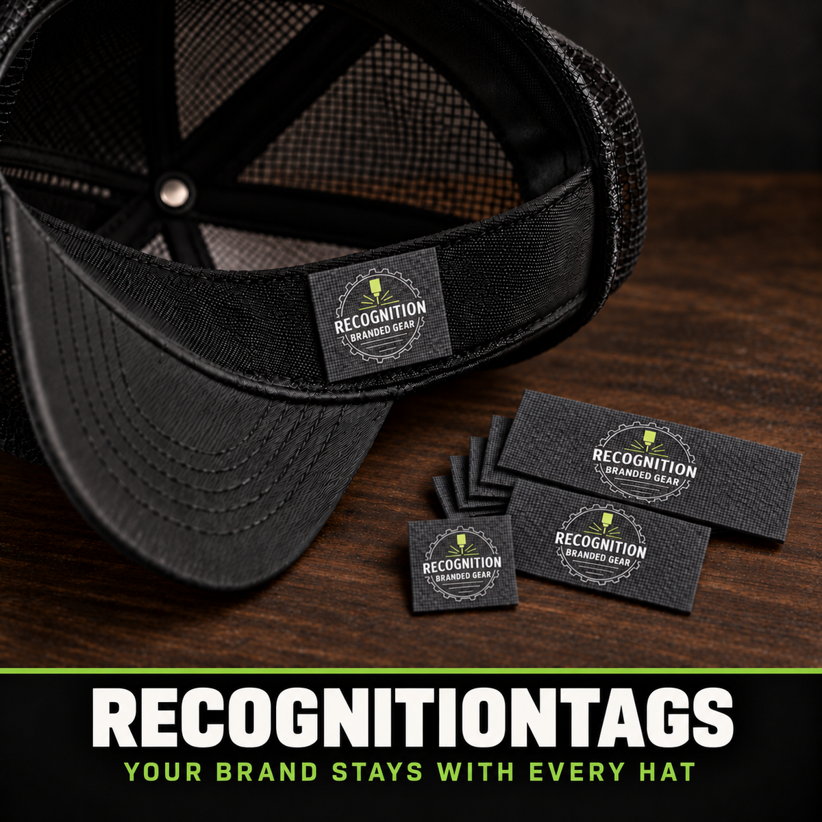 Black mesh-back baseball cap with a branded patch in the sweatband, shown alongside several matching rectangular brand tags on a dark wooden surface. The bottom of the image includes the text 'RECOGNITIONTAGS YOUR BRAND STAYS WITH EVERY HAT'.
