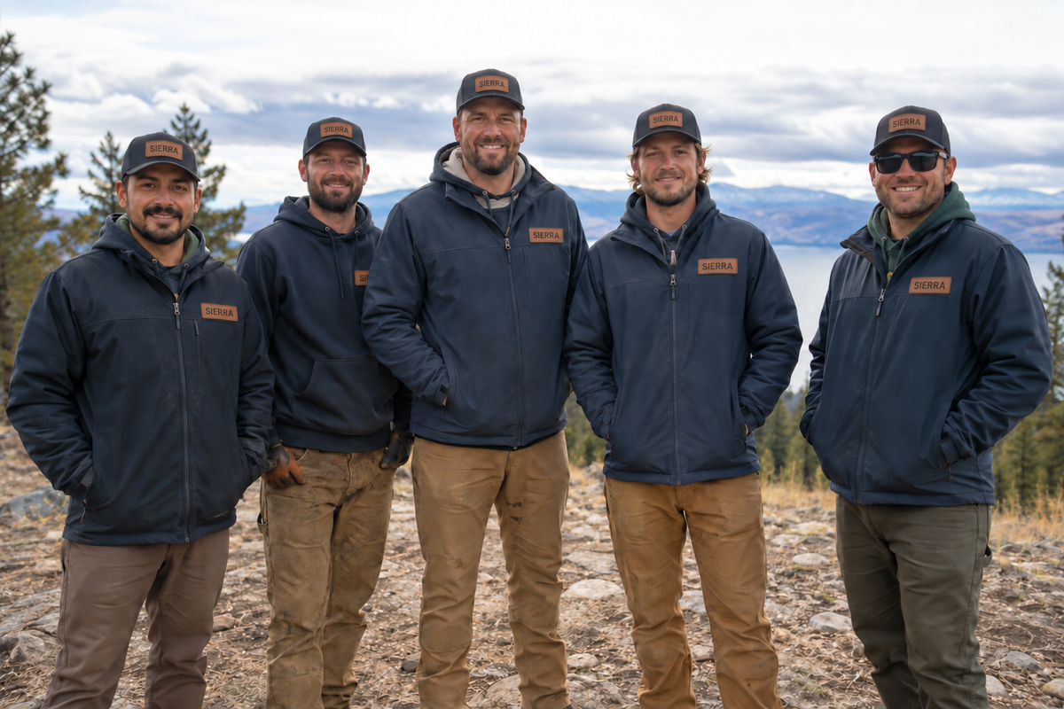 Five men standing outdoors on a rocky mountain slope wearing matching dark navy zip-up jackets with a brown rectangular logo patch on the chest, tan pants, and black caps. A lake and forest are visible in the background under a cloudy sky.