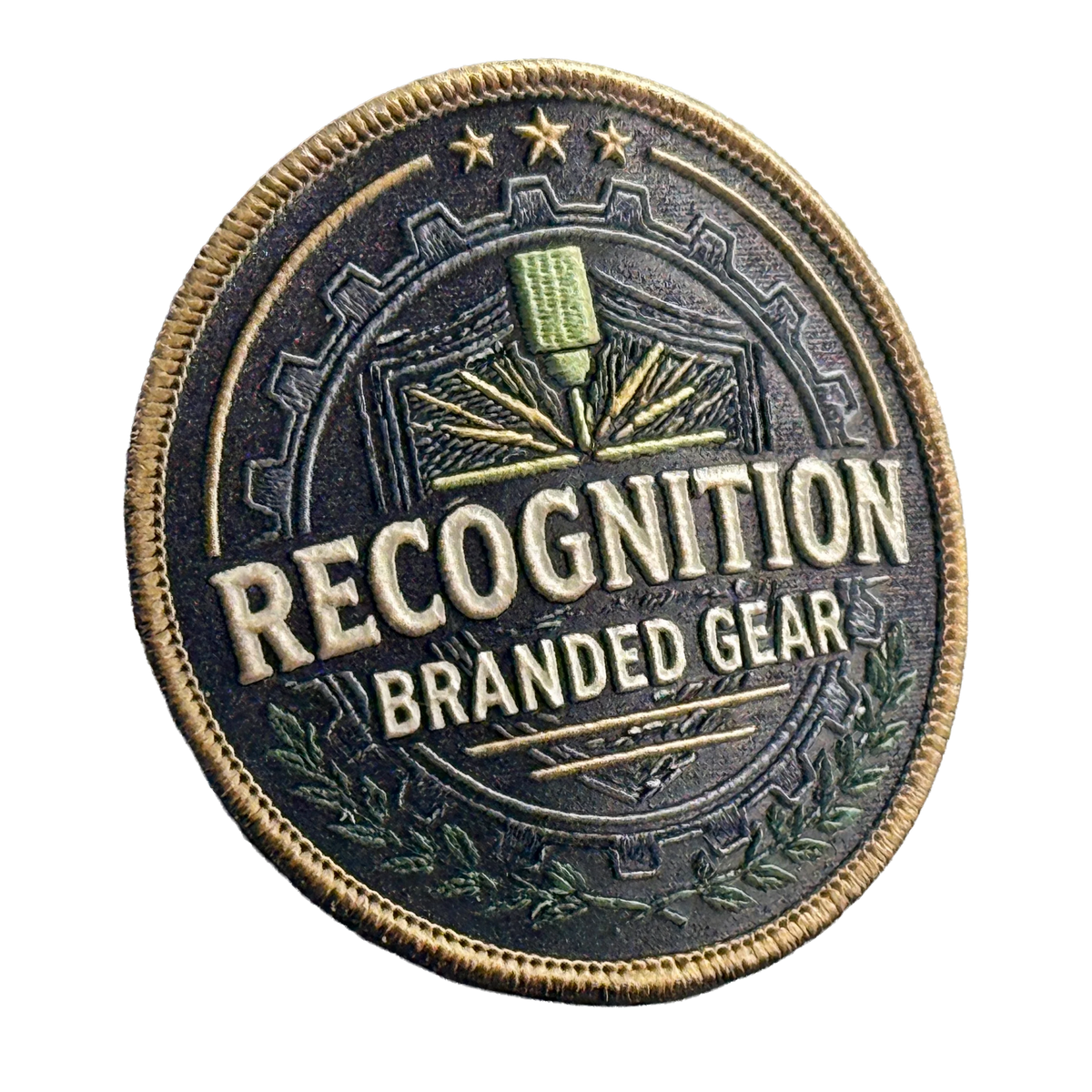 A circular embroidered look UV printed texture build patch with a distressed bronze and black background, featuring the words 'RECOGNITION' and 'BRANDED GEAR' in raised lettering, with a laser emblem in the center and a gold-toned border.