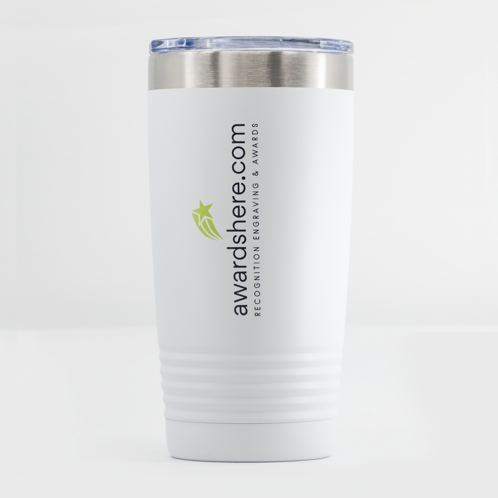 A white insulated travel tumbler with a stainless steel rim and a clear lid, featuring the text 'awardshere.com' and a small green star logo on the front, set against a clean white background.