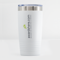 A white insulated travel tumbler with a stainless steel rim and a clear lid, featuring the text 'awardshere.com' and a small green star logo on the front, set against a clean white background.