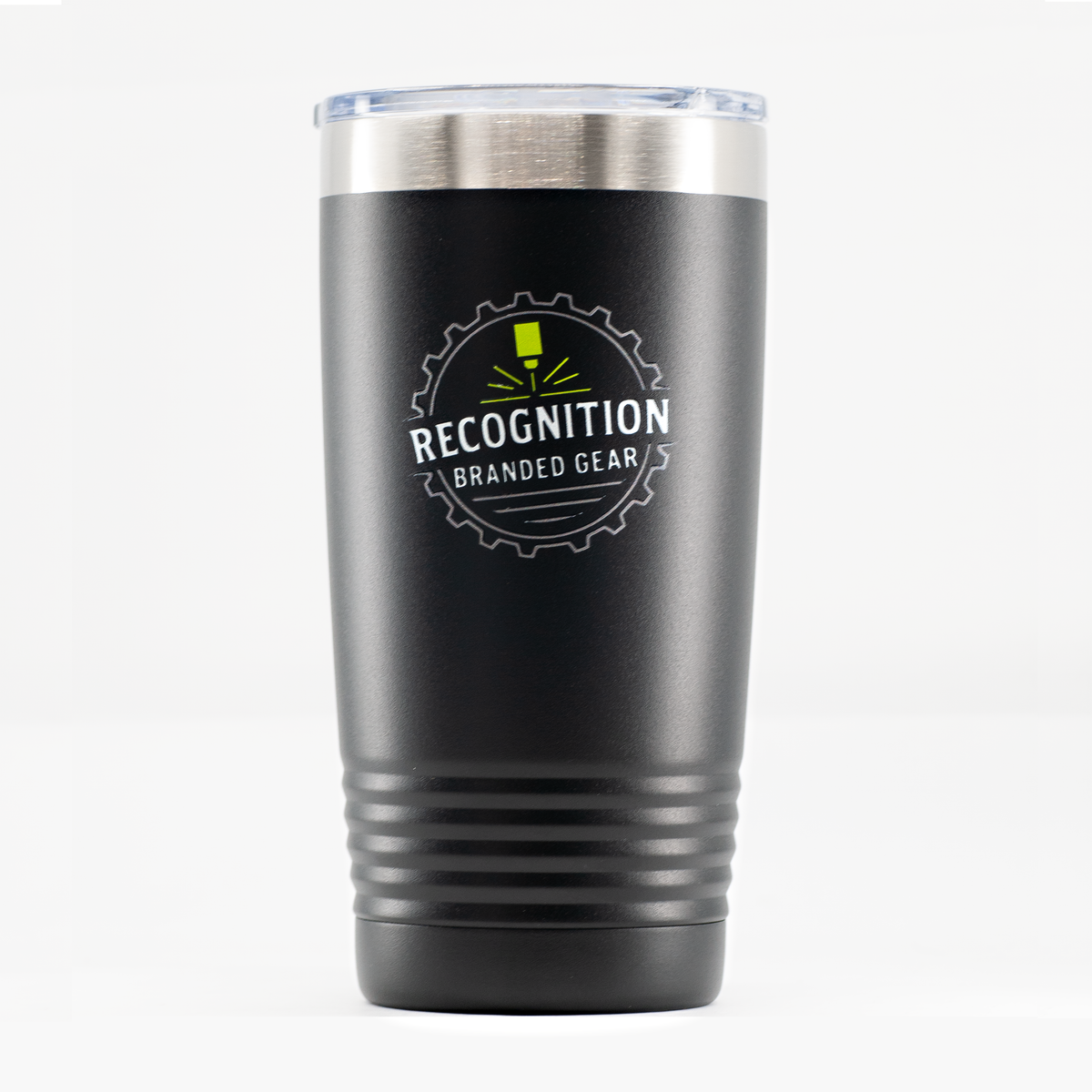 A matte black insulated travel tumbler with a clear lid and a circular 'Recognition Branded Gear' logo on the front, shown against a plain white background.