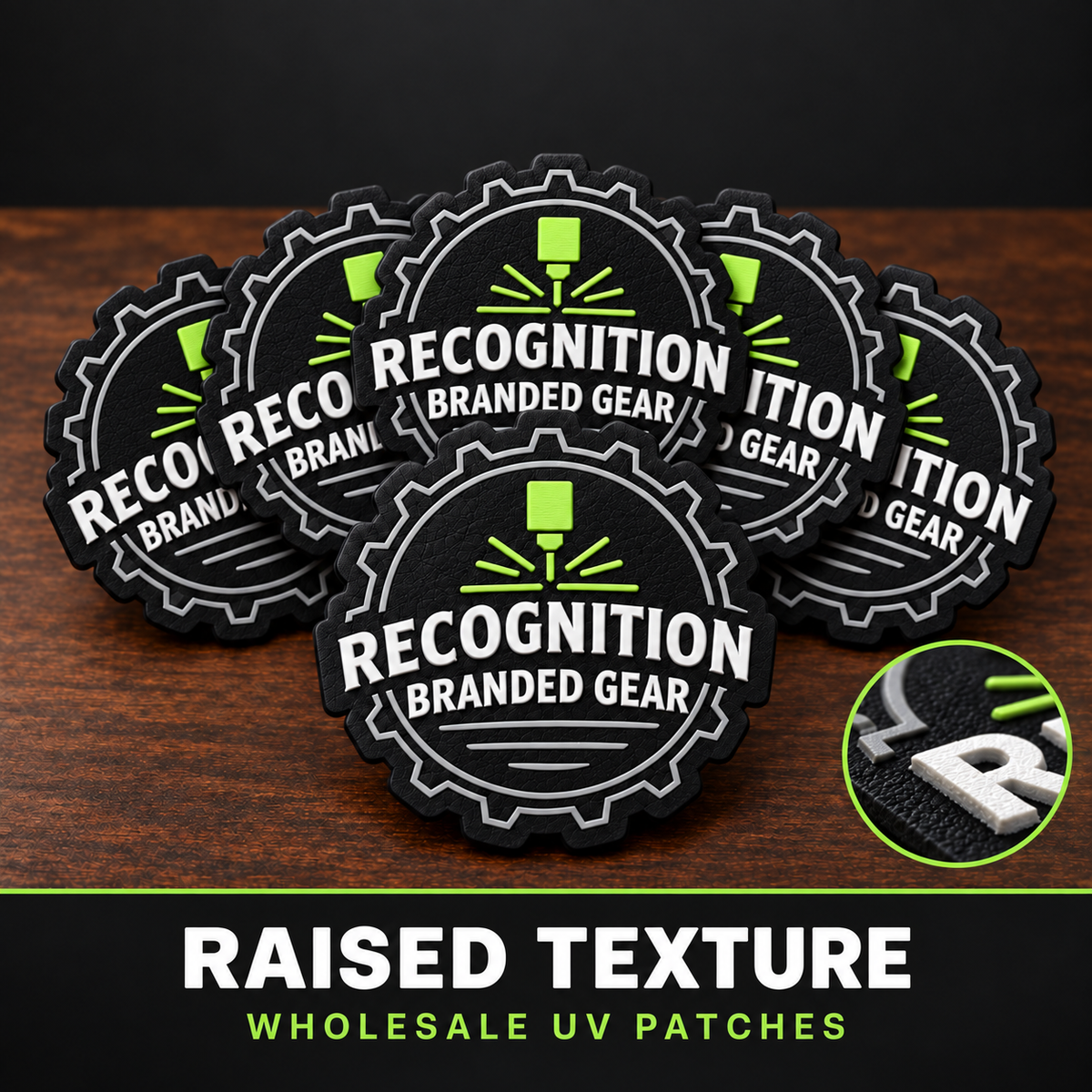 Six black raised-texture UV patches with a gear outline and the text 'RECOGNITION BRANDED GEAR' in white, arranged on a wooden surface. A circular inset shows a close-up of the raised lettering, and a bottom banner reads 'RAISED TEXTURE WHOLESALE UV PATCHES'.